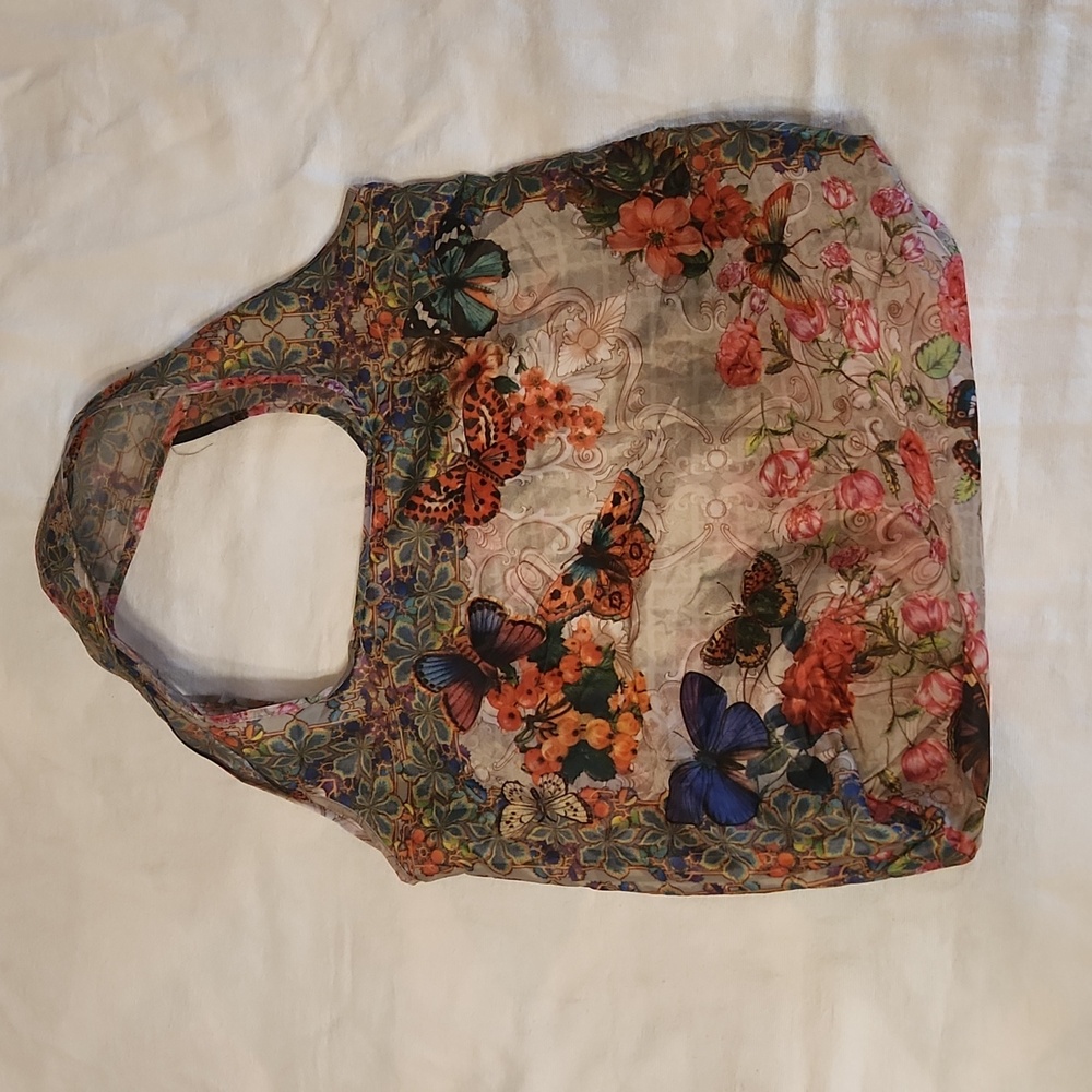 Johnny Was nylon packable, reusable totebag. FLORAL & BUTTERFLY PRINT. - Picture 2 of 3